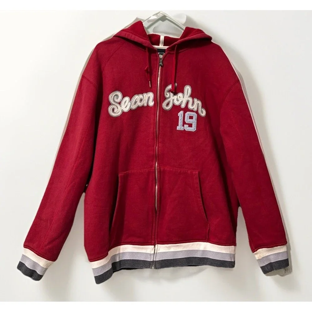 Sean John Vtg Red Men Full Zip Hoodie hip hop 90s Sz XL Logo #19 Embroidered Y2K